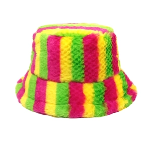 Macro view of neon rainbow striped faux fur fabric and texture on the bucket hat