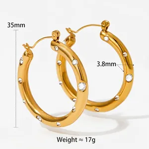 Golden stainless steel hoop earrings with crystals, 35mm diameter and 3.8mm thickness