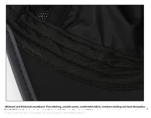 Detail of widened sweatband and breathable mesh fabric on black baseball cap