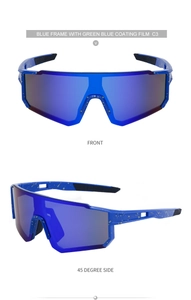 Front and 45-degree views of blue splatter cycling sunglasses with green-blue mirror lens