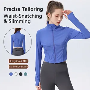 Slim fit long sleeve yoga top with ribbed texture and thumbholes in navy blue color