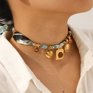 Bohemian silk scarf necklace with stainless steel heart and sun charms for women