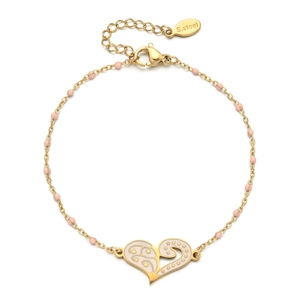 Detail of lobster clasp and stainless steel heart pendant with pink enamel and beads