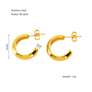Pendientes de aro en C de acero inoxidable bañados en oro de 18K, 16mm x 5mm