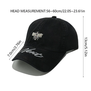 Detailed size chart of black baseball cap with bee embroidery and next letter stitching