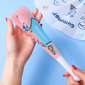 Portable cartoon summer folding fan with blue and pink design and white handle