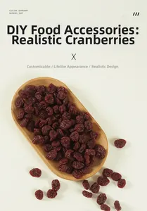Detailed view of artificial dried cranberries with realistic texture on a wooden tray