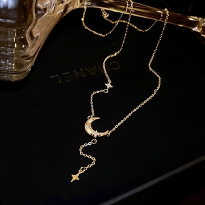 Collier Pendentif En Y Lune Étoile Cuivre Plaqué Or Avec Zircon Et Nacre Bijoux Élégants Pour Femmes