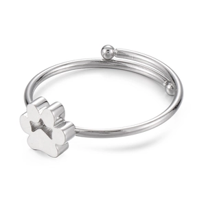 Bague réglable en acier inoxydable argenté avec un motif de patte d'animal en strass