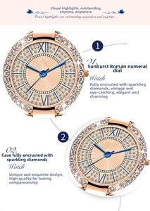 Detail of rose gold ladies' watch with diamond bezel, sunray dial, and blue Roman numerals