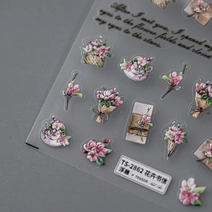 3D embossed floral nail art stickers featuring vintage flower baskets and letters TS-2862