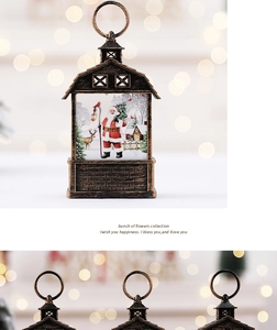 Close-up of bronze Christmas lantern featuring detailed Santa and reindeer painting decoration