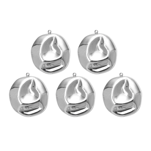 Macro view of five silver 304 stainless steel lava textured round pendants with hanging loops