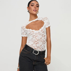 Elegant white lace bodysuit for women featuring hollow-out chest detail and slim fit design