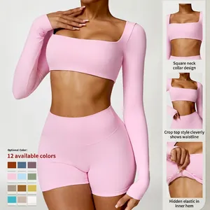 Pink athletic long sleeve crop top and shorts set with square neckline for women