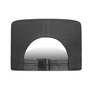 Back view of dark grey quick-dry flat top cap with adjustable buckle and woven strap