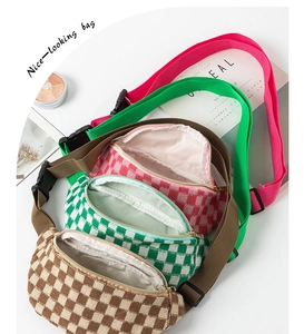 Detailed view of checkered waist bags in red, green, and brown with adjustable straps