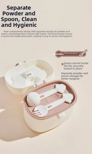 Detail view of baby milk powder container featuring a spoon and fork storage compartment