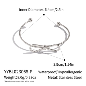 Detail chart of silver bow open bangle with 6.4cm inner diameter and 8g weight specs