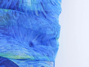 Dettaglio del tessuto in organza leggera con stampa cielo stellato blu e consistenza