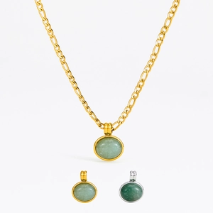 Detail of oval green aventurine pendants with gold and silver Figaro chain variations