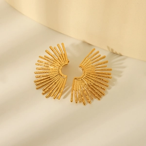 18K gold plated stainless steel fan earrings featuring radiant sunburst pattern texture