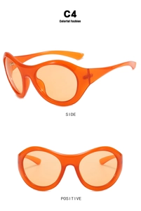 Detailed view of orange Y2K futuristic wrap-around sports sunglasses from front and side