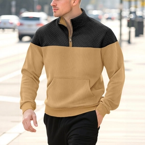 Men's two-tone half-zip sweatshirt with quilted diamond pattern and high collar