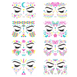 Detailed catalog of neon fluorescent face tattoos featuring moon, stars, and butterflies