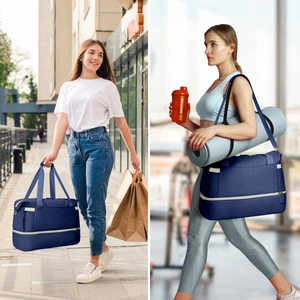 Detail of blue fitness bag featuring a bottom shoe compartment and yoga mat straps