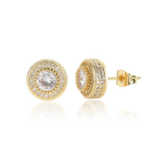 Classic round gold halo stud earrings with sparkling cubic zirconia for men and women