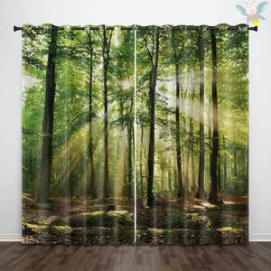 Detailed forest landscape printed curtains hanging on a sleek black metal rod