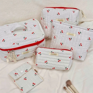 5-piece cherry print quilted cotton makeup bag set with various organizers for travel