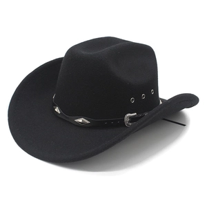 Classic black wool felt cowboy hat with wide brim and silver studded leather band accent