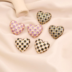 Heart Stud Earrings Stainless Steel Checkerboard Pattern Enamel Drip Oil Fashion Minimalist Trendy Jewelry For Women