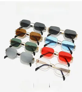 Detailed collection of vintage polygonal metal sunglasses in diverse vibrant lens colors