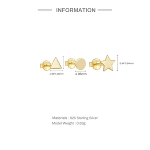 Technical view of gold S925 sterling silver geometric stud earrings set with measurements