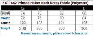 Size chart for halter neck printed dress showing XS to L measurements in centimeters