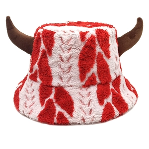 Funny Christmas plush bucket hat with ox horns in red and white fluffy texture