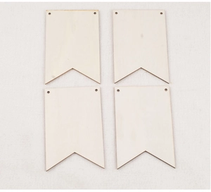 Detail view of four blank wooden swallowtail tags with dual hanging holes for DIY crafts