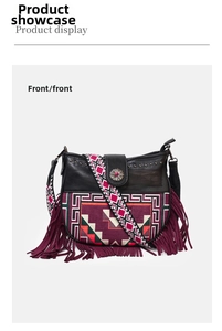 Dettaglio frontale borsa a tracolla bohémien con motivi geometrici e nappe rosse