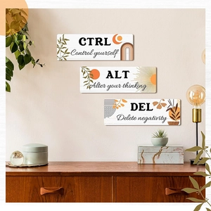 Boho wood wall decor set featuring three panels with botanical motifs and inspirational quotes