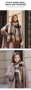 Detailed view of thick knit check scarf with tassel fringe on brown coat