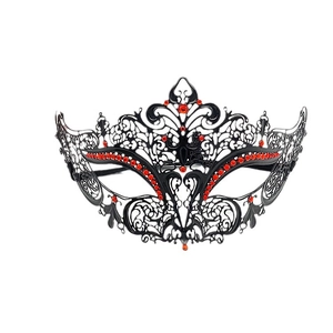 Elegant black filigree metal masquerade mask with red rhinestones for women parties