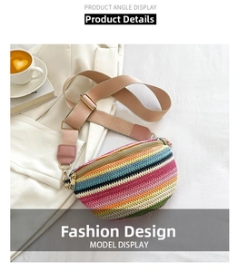 Detail of bohemian colorful woven waist bag with a wide strap and gold zipper hardware