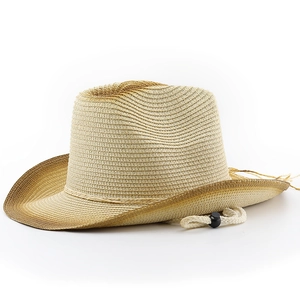 Detail of woven straw cowboy hat with gradient brim and adjustable drawstring