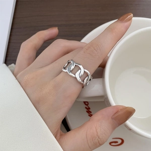 Minimalist S925 sterling silver wide chain link open ring in industrial retro style