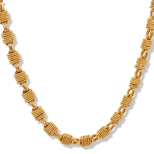 Heavy industrial style gold titanium steel necklace with textured knot links on white background