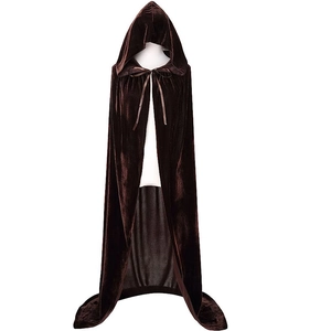 Detail of dark brown velvet hooded cloak with neck ties for Halloween stage costumes