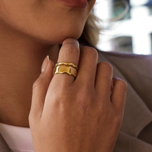 18k gold plated stainless steel ring set with irregular liquid metal wave design